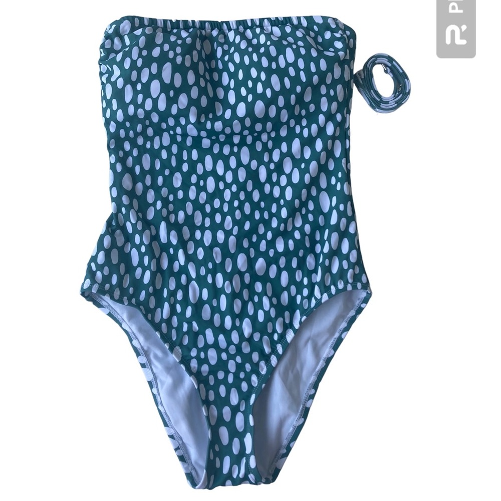 New Kona Sol Woman's One-Piece Swimsuit Green White Polka Dot Small Halter Style